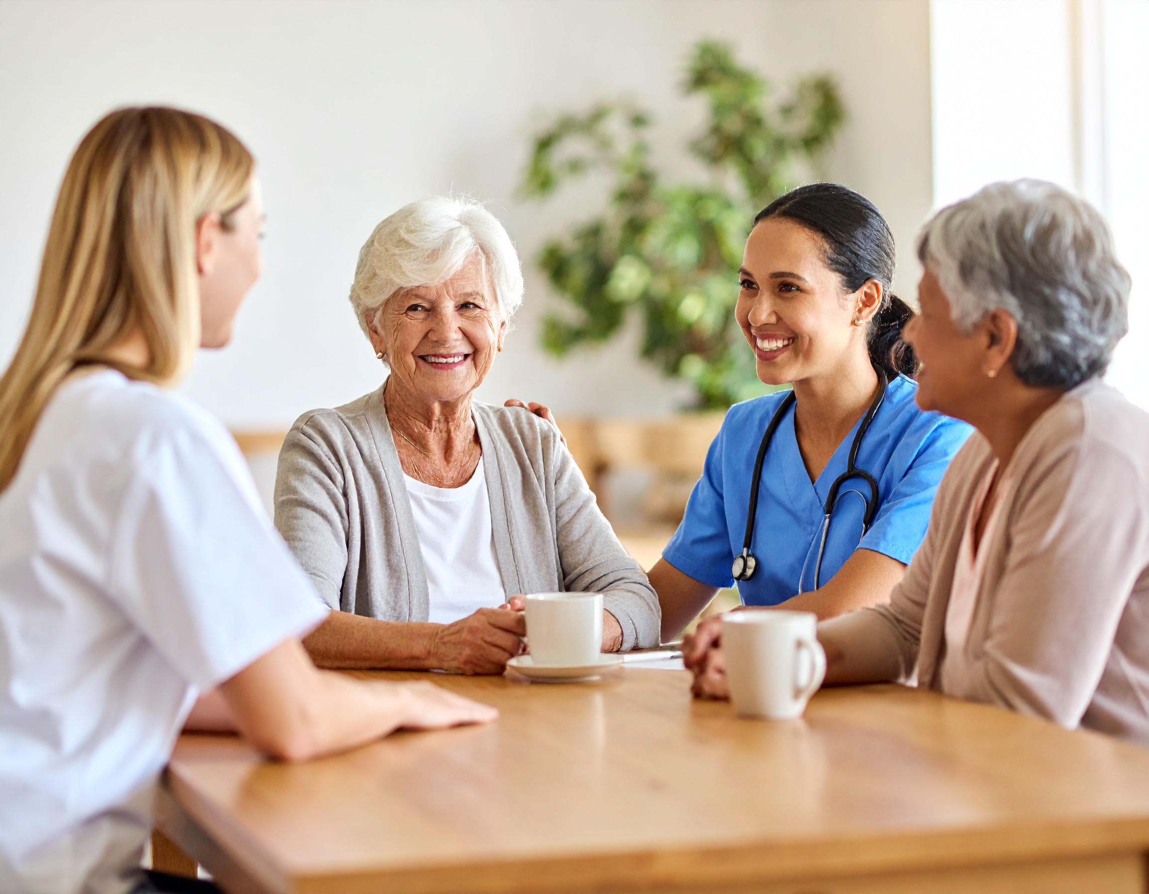 Pflegeberatung in Deutschland: Eine Beraterin gibt individuelle Pflegetipps an eine ältere Person und deren Angehörigen in einem einladenden, warmen Beratungsraum, um optimale Pflege zuhause sicherzustellen.</p>
<p>